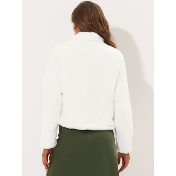 Notch Collar Long Sleeve Open Front Faux Fur Fluffy Cropped Jacket White - Picture 4 of 5